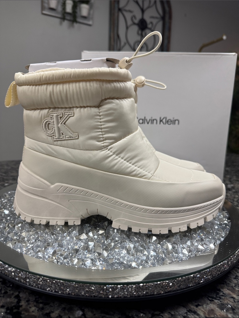 Calvin Klein Cream Puffer Platform Ankle Boots